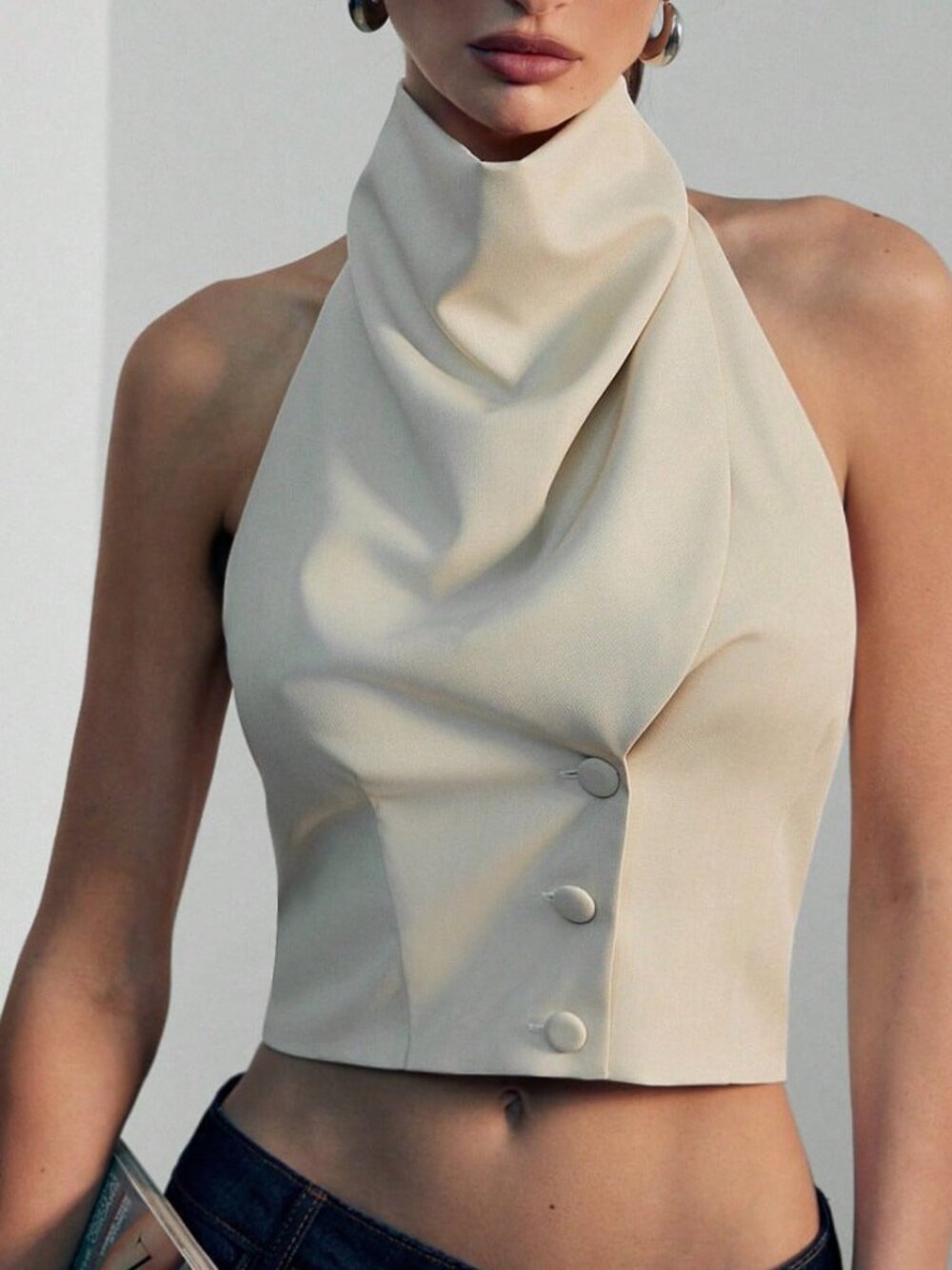 Apricot Casual Women's Sexy Office High Mock Cowl Neck Backless Blazer Vest Top